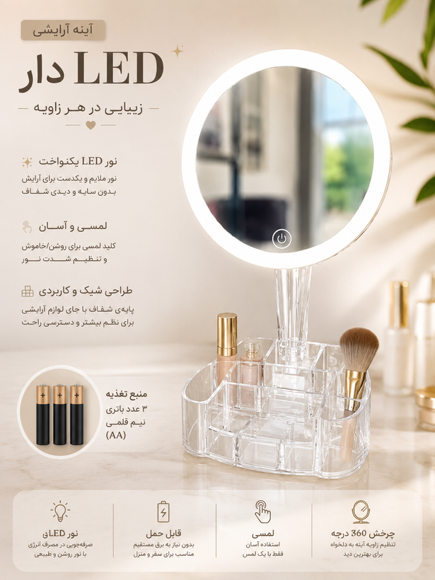 آینه آرایشی رومیزی LED دار با استند آرایشی