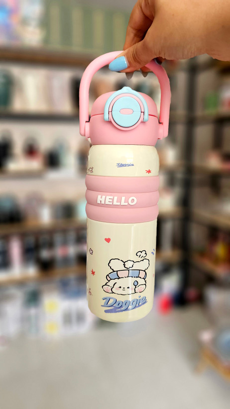 قمقمه استیل دوحالته ۶۰۰ میل فانتزی طرح HELLO رنگ