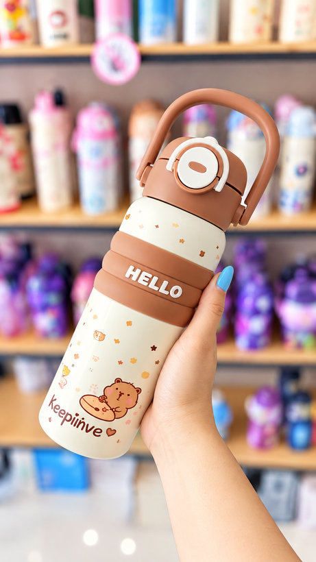 قمقمه استیل دوحالته ۶۰۰ میل فانتزی طرح HELLO رنگ