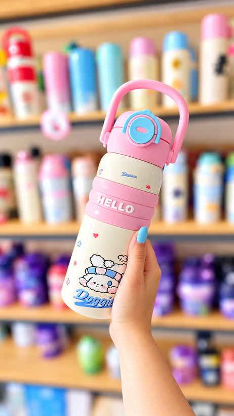 قمقمه استیل دوحالته ۶۰۰ میل فانتزی طرح HELLO رنگ